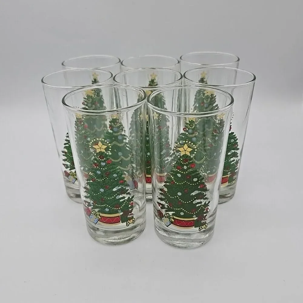 Vintage Home Interiors Christmas Tree Tumblers Set of 8 Glasses 2 Sided